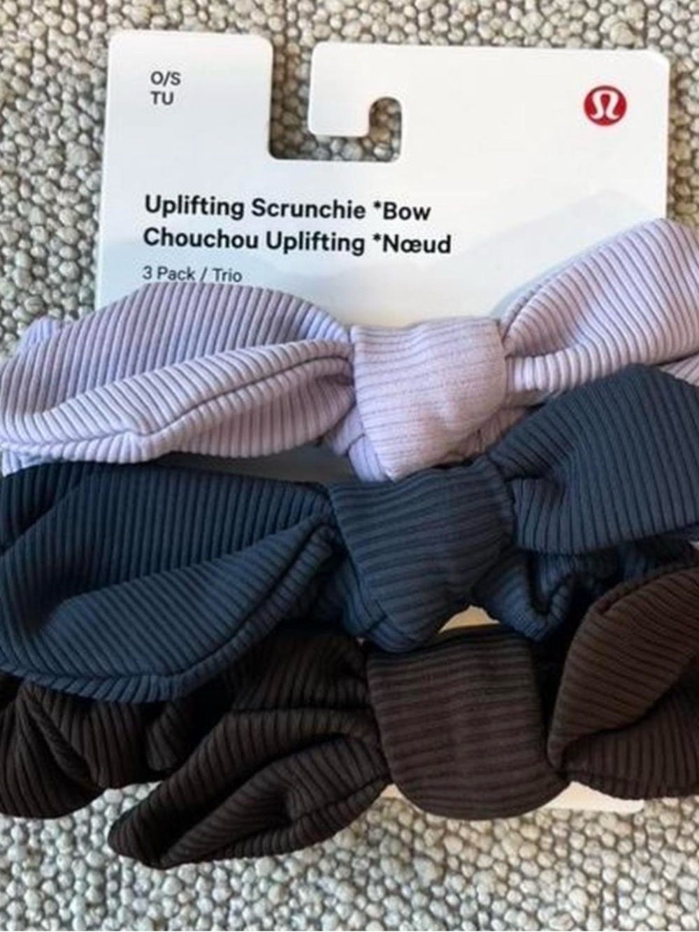Lululemon Uplifting Bow Scrunchie 3-Pack - Lavender, Charcoal, Chocolate Brown